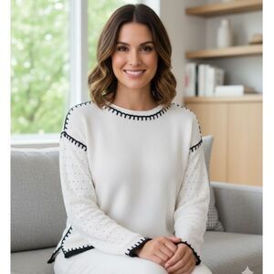 Pure Amici Sierra Sweater NWT White Knit Blanket Stitch Eyelet Sleeves Size XS